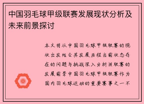 中国羽毛球甲级联赛发展现状分析及未来前景探讨